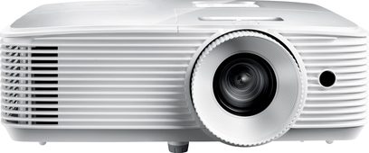 Kompakt hvid Optoma HD29He-videoprojektor, frontvendt, med centralt placeret sort linse og sidegittere