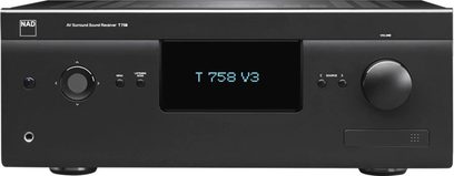 Домашно кино усилвател NAD T758 V3 в графитено сиво, преден панел с LCD екран в синьо, показващ "T 758 V3", бутони и входове