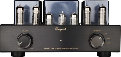 Amplificatore integrato stereo a valvole Cayin MT-12N EL84 nero, frontale in alluminio spazzolato visto di fronte con due grandi manopole circolari simmetriche, indicatore centrale e fila di valvole davanti a tre coperture metalliche