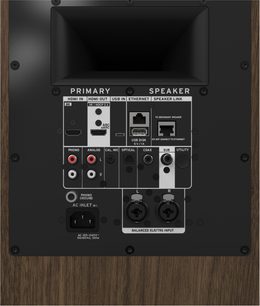 Vernetzter Lautsprecher Klipsch The Nines II Nussbaum, Rückansicht mit Anschlussfeld für HDMI und Audio