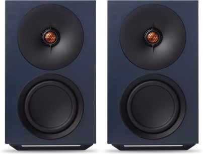 Paar blaue Cambridge Audio L/R M WLAN-Lautsprecher, Frontansicht, rechteckiges Gehäuse mit Doppel-Lautsprecher
