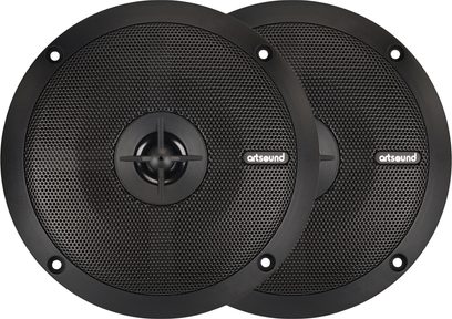 Пара стельових вбудованих акустичних систем ArtSound MDC6.2 чорного кольору, круглі металеві ґрати з перфорованим візерунком, вигляд спереду