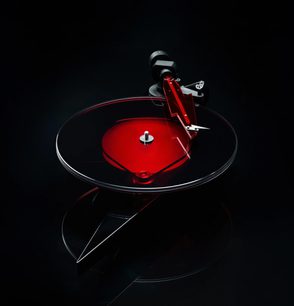 Hi-fi platenspeler AC/DC limited edition met transparante ronde draaitafel, rode basis, zwarte en rode toonarm