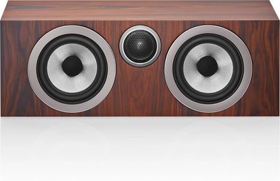 Bowers & Wilkins HTM72 S3 moka centrinis garsiakalbis, vaizdas iš priekio, du apvalūs garsiakalbiai, centrinis viršutinis garsiakalbis, tamsaus medžio spalvos