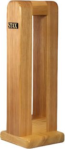 Supporto in legno per cuffie audio STAX HPS-2, forma verticale arrotondata con fessura centrale, venatura del legno visibile