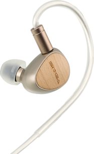 Sivga Que champagne in-ear oortje, beige geaderde buitenzijde, doorschijnend oordopje en witte kabel met oorhaak
