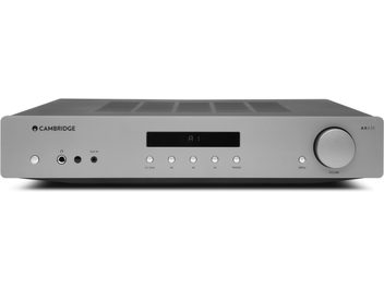 Stereohögtalare Cambridge Audio AX-A35 i silver, frontvy, frontpanel med knappar, display och hörlursuttag