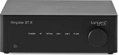 Tangent Ampster BT III juodos metalo spalvos stereo stiprintuvas, vaizdas iš priekio, garsumo mygtukas dešinėje, indikatoriai ir mygtukas kairėje