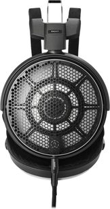 Audio Technica ATH-ADX7000 åbne kablede hovedtelefoner i sort, forfra-visning af højre ørekop, honeycomb-metalgrill, kabel forneden