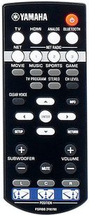 Czarny pilot Yamaha z przyciskami do sterowania telewizorem, kinem domowym i innymi urządzeniami audio/wideo
