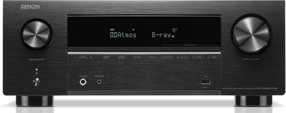 Ampli home-cinéma Denon AVR-X2800H DAB noir, vue de face, affichage LED, boutons et molettes de contrôle, ports USB et HDMI