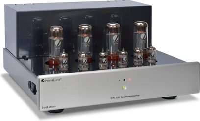 Amplificatore di potenza PrimaLuna EVO 300 a valvole argento, vista frontale, 8 valvole, manopole e connettori sul frontale