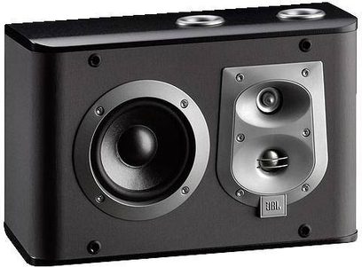 Sort JBL ES10 baghøjttaler, frontpanel, basrør og diskant, hvidt logo, mat plastik