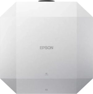 Epson EH-QL3000 wit, bovenaanzicht, vlak oppervlak, zwarte hoeken, centraal logo, tekst "4K" onderaan