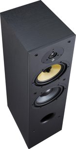 Davis Acoustics Ariane 5 søjlehøjtaler, sort trækasse, kuppeltweeter, gul mellemtoner, grå bas, frontport, 3/4
