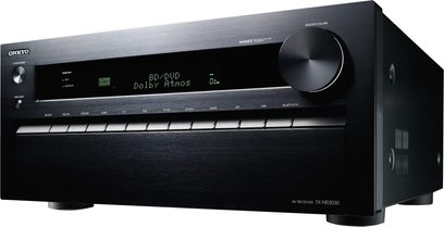 Onkyo TX-NR3030 sort home cinema-forstærker, sort frontpanel, grønt display med "BD/DVD Dolby Atmos", kontrolknapper og drejeknap