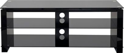 Ateca Crystal sort TV-møbel med 4 hylder i hærdet sort glas, sort metalramme, set forfra