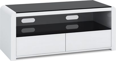 Hvidt og sort TV-møbel med 2 skuffer, 2 nicher og en sort glashylde i moderne stil