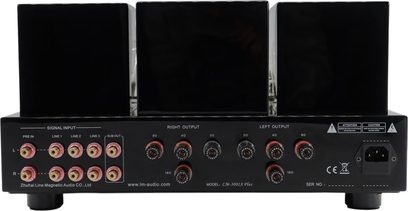 Line Magnetic LM-300IA sort integreret stereo rørforstærker i metal, set bagfra, med tre store lakerede transformatorhætter, en række af otte forgyldte RCA-indgange til venstre, otte røde og sorte højttalerterminaler i midten og et strømstik til højre