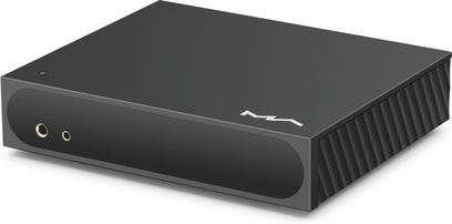 Lecteur audio réseau Matrix Audio Mini‑i Pro 4 noir mat en aluminium, vue trois‑quarts avant droite, façade brillante avec deux prises casque cerclées or et dissipateur latéral à ailettes