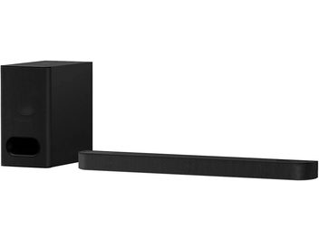 Sony Bravia Theatre Bar 6 fekete hangszóros léc téglalap alakú mélyhangszóróval és szövet borítású rácsával, szögből nézve