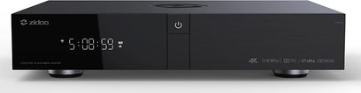 Zidoo Z1000 PRO sort multimedie-afspiller, set forfra, blå LED-display, to drejeknappper til højre