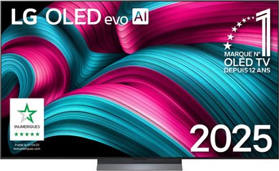 LG OLED77C5 77-tommer OLED-tv, slankt sort metalramme, OLED-skærm med abstrakt rosa og cyan mønster, antracitgråt centralt stativ, set forfra