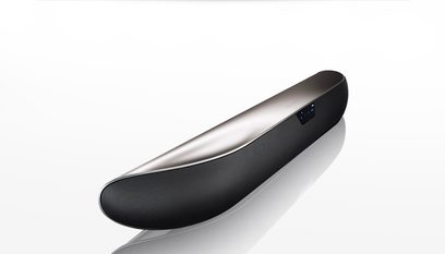 Bowers & Wilkins Panorama 2 sort soundbar, set fra siden, front skråt opad, metalrist