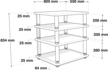 Mueble Hi-Fi Norstone Design Stäbbl HIFI bambú, vista isométrica, 4 estantes rectangulares, 4 patas cilíndricas, dimensiones indicadas