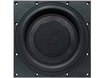 Sonance R10SUB czarny, wpuszczany subwoofer, widok z przodu, okrągła perforowana metalowa maskownica, centralne logo