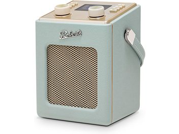 Sky-blue faux-leather Roberts Mini 2 smart speaker, gold grille, screen and buttons on top, three-quarter view