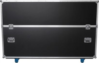 Power Acoustics Flight 4 écrans 65/85 ekran için siyah, gümüş kenarlı, mavi kulplu ve tekerlekli taşıma kasası