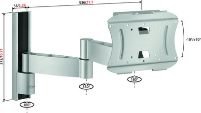 Vægmonteret TV-beslag Vogel's VFW 432 i grå metal med drejeligt armsystem og vægplade, dimensioner og vinkler som angivet på den tekniske tegning