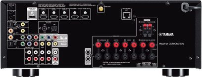 Yamaha RX-V679 sort hjemmebiografsforstærker, frontpanel, frontvisning, audio/videostik, knapper og drejeknapper til justering
