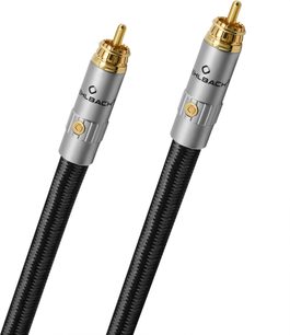 Oblique view of two gold-plated RCA connectors on a silver metal body, black cable with carbon fiber-style braided sheath, Oehlbach Sub Xtreme subwoofer cable