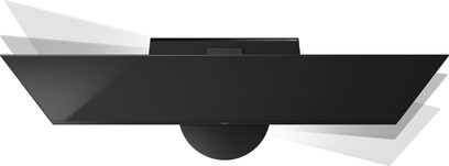 Panasonic TV-65Z95AEG -teräväpiirtotelevisio, ylhäältä katsottuna, musta suorakulmainen näyttö, pyörivä pyöreä jalusta