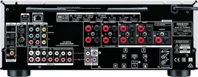 Onkyo TX-NR545 sølvfarvet hjemmebiograf-forstærker, frontpanel, frontvisning, mange stik og knapper, digitalt display