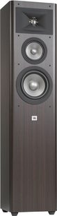 JBL Studio 270 espresso gulvhøjttaler, set forfra, med to runde højttalere og en diskant, i mørkt træ