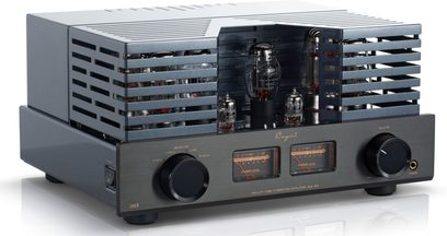 Cayin Jazz 90 KT88 rørforstærker, sort metal, perforeret beskyttelsesbur, to VU-metre, to knapper, hovedtelefonudgang