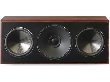 Paradigm Founder 70LCR center speaker, walnut finish, front view, 3 circular black speakers on rectangular dark wood front baffle