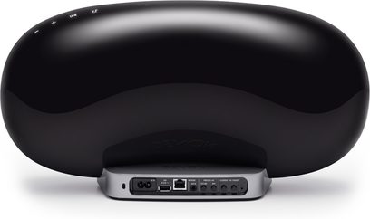 Trådløs, tilsluttet Denon Cocoon DSD-500 højttaler i sort, set forfra, oval form, blank sort overflade, skærm og knapper