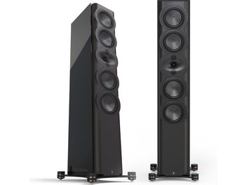 Altavoz de columna R7t con acabado oscuro, 6 altavoces circulares visibles en la parte frontal, base metálica con patas ajustables, vista frontal y en ángulo