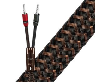 Reproduktorový kabel Audioquest Type 5, černě a měděně pletený, s banánky SureGrip v červené a zelené barvě na koncích