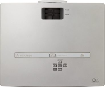 Mitsubishi HC1100 lysegrå videoprojektor, set forfra, med kontrolknapper og indikatorer øverst
