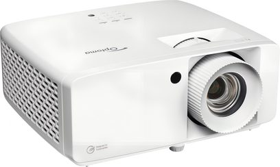 Optoma UHZ35 white plastic video projector, three-quarter front view, large ringed lens and side grille