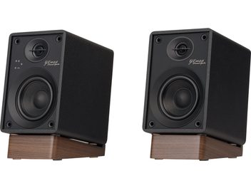 GX-10DB black wireless connected speakers, angled front view, black rectangular enclosures, brown wooden bases, 2 circular speakers