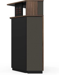 Sloupcový reproduktor Klipsch Khorn AK7 American Walnut z boku s panely z ořechového dřeva, černou mřížkou a viditelnými zadními porty