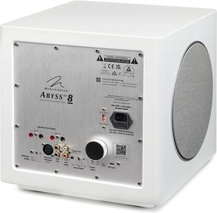 MartinLogan Abyss 8 subwoofer wit satijn achteraanzicht met zilverkleurig aansluitpaneel en grijze zijkantluidspreker