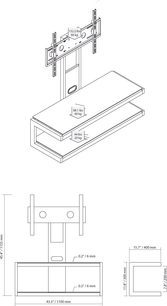 Norstone Design Sé TV-møbel med vægbeslag til TV, hylde og lavt skab i lyst træ, dimensioner og teknisk diagram