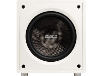 Velodyne VI-Q 12 witte subwoofer, vooraanzicht met grote zwarte luidspreker in het midden